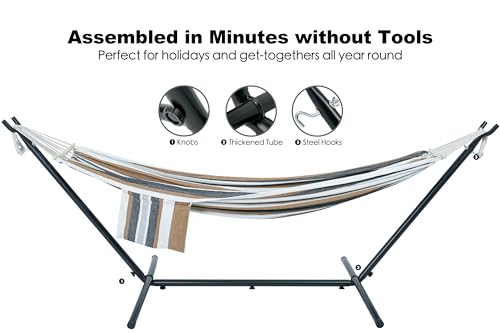 GAFETE Double Hammock with Stand for Outside, Upgraded Spreader Bar, Heavy Duty Space Saving Steel Stand 2 Person, Convenient Pockets, Easy Assembly, 600lbs Weight Capacity, Indoor & Outdoor (Coffee) - color: Coffee