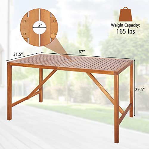 Tangkula 67" Acacia Wood Outdoor Dining Table for 6, Rectangle 6-Person Patio Table with 2" Umbrella Hole & Spacious Slatted Tabletop, Indoor Outdoor Dining Furniture for Deck, Garden, Poolside & Yard - size: 67"