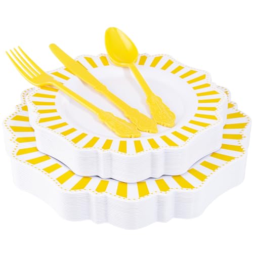 COLOSUS 150pcs Disposable White Lemon Yellow Striped Plastic Party Plates and Silverware set, Yellow Dinner/Dessert Plates silverware 30guests for Easter Birthday Weeding Party and Daily use. - color: white+yellow