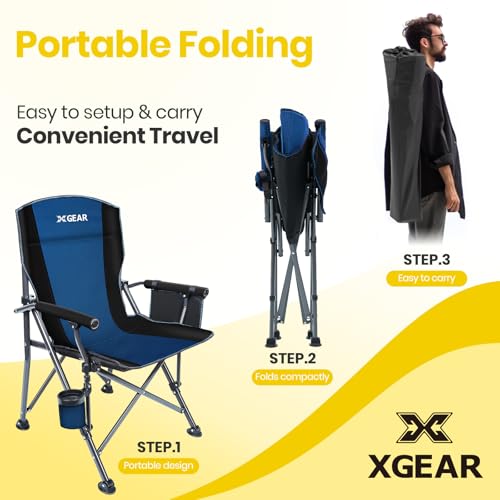 XGEAR Camping Chair with Padded Hard Armrest, Sturdy Folding Camp Chair with Cup Holder, Storage Pockets Carry Bag Included, Support to 400 lbs - color: 2pcs/Blue