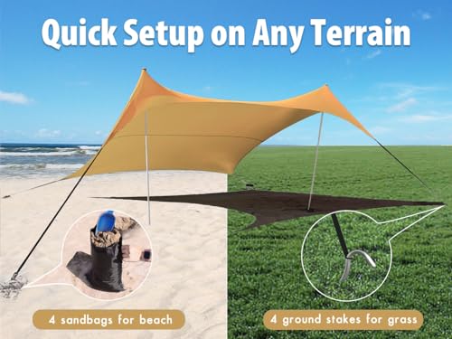 10×10ft UPF50+ Beach Tent Sun Shelter, Windproof Stable Outdoor Pop Up Beach Shade Canopy for Camping, Fishing, Backyard Fun or Picnics, 2 Poles - color: Flaxen, size: 10×10 FT 2 POLES
