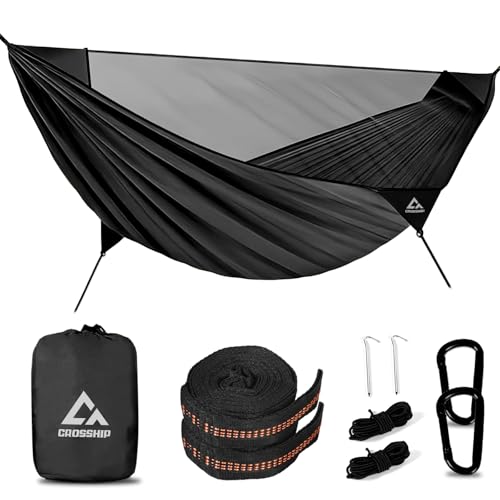 Camping Hammock with Mosquito Net – Portable Parachute Nylon Hammock Tent with Tree Straps, Camp Rope & Stake - for Hiking, Backpacking, Travel, Backyard, Beach – Holds Up to 500lbs (Black) - color: Black