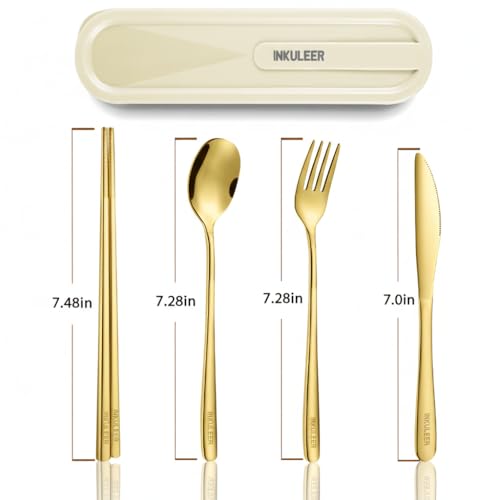 Travel cutlery set, 18/8 stainless steel cutlery, Reusable utensils set with case, Portable Silverware Lunch Box for Camping and Office-Stainless steel - color: Gold