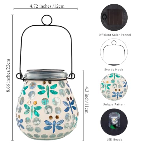Stargarden Mosaic Solar Lanterns Outdoor Waterproof, Dragonfly Lanterns Decorative Outdoor, Glass Hanging Solar Lights Table Lamp for Yard, Garden Decor - color: Dragonfly