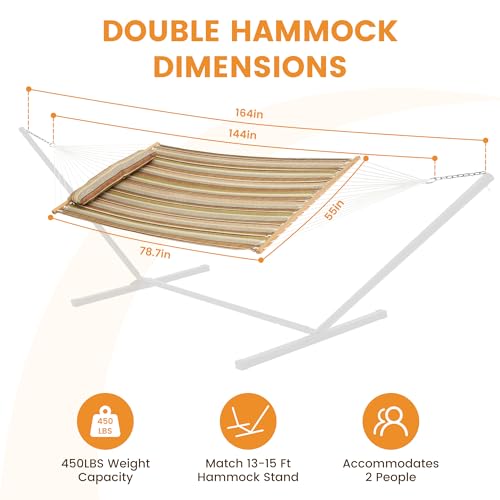 Lazy Daze Hammocks 12 FT Quilted Fabric Double Hammock with Spreader Bars and Detachable Pillow, 450lbs Weight Capacity, Brown Stripe - color: Brown Stripe