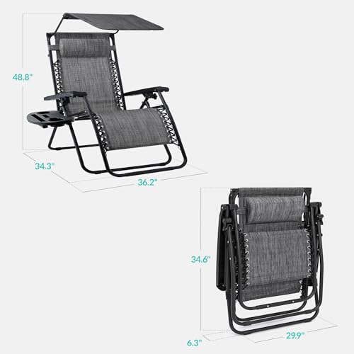 Best Choice Products 30” Wide Folding Zero Gravity Outdoor Recliner Patio Lounge Chair w/Adjustable Canopy Shade, Headrest, Side Accessory Tray - Gray - color: Grey, size: Oversized Extra Wide