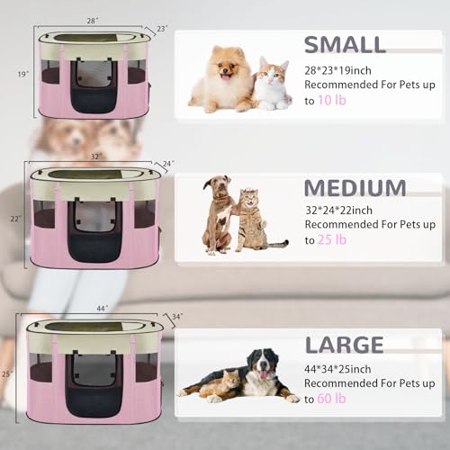 Portable Dog Cat Playpen with Waterproof Pad,Collapsible Pet Puppy Kitten Crate,Foldable Small Animals Kennel Cage for Indoor Outdoor Travel Camping,Water-Resistant Breathable Shade Cover (Pink M) - color: Pink, style: Medium(32*24*22)