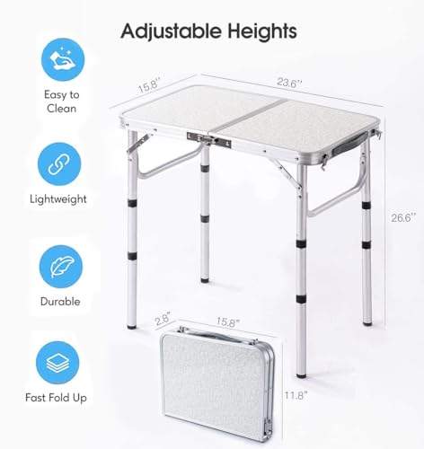 YUFIFAIRY Small Folding Table Portable, 24''L x16''W Foldable Camp Table with 3 Adjustable Height, Indoor Outdoor Lightweight Aluminum for Outdoor Cooking Picnic(10"/19"/27.5" - color: Silver, size: 24''l X16''wx27"h