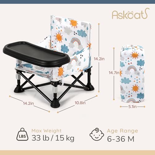 Toddler Booster Seat for Kitchen Chair & Travel - Portable Foldable with Removable Tray, Baby Camping Chair 6-36 Months Indoor Outdoor (White Cloud Design) - color: Little Sun Baby Seat