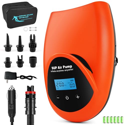 Tonsim Rechargeable Paddle Board Electric Pump, 20 PSI SUP Pump with 4 Preset Modes, Dual-Stage Inflation & Deflation, 12V DC Car Connector, Auto Shut-Off for Paddle Boards, Kayaks and Tents - color: Orange