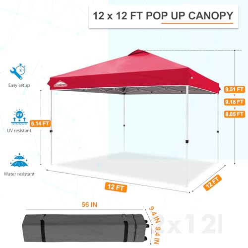EAGLE PEAK Pop Up Canopy Tent with Wheeled Carry Bag, 8 Stakes, 4 Ropes, 4 Weight Bags, Easy Set Up Tent Canopy, 12x12 ft, 144sqft of Shade, Red - color: Red, size: 12x12