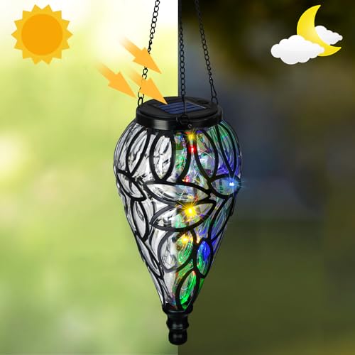 SUNNYPARK Outdoor Plastic Solar Hanging Lantern, 15 Multi Color LEDs Twinkle Effect Tear-Shaped Hanging Lantern Decor Garden Decorative Solar Lights for Backyard, Patio and Lawn - style: Multi-color