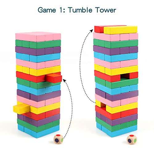 Wooden Blocks Stacking Games, 48PCS Tumbling Stacking Blocks Game for Kids and Families, Wood Colorful Balancing Blocks Montessori Toys for Kids with Storage Bag - style: 48PCS