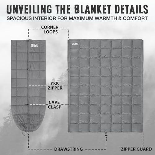 ZIPPIES 3M Thinsulate Insulation Puffy Camping Blanket for Cold Weather, Queen Size Warm Camping Quilt with Zipper, Waterproof Outdoor Sleeping Bag for Hammock, Cozy & Versatile Gift for Men and Women - color: Gray
