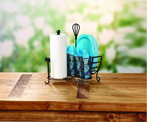 Mikasa Gourmet Basics Avilla Picnic Caddy, Antique Black Finish, Paper Plate Organizer with Flatware Canisters and Paper Towel Spindle, 15 x 14 x 13 in