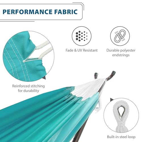 Vivere Double Sunbrella Hammock, Weather-Ready Outdoor Lounger with Space-Saving Steel Stand and Carry Bag, 450 Lb Capacity, 9 Foot, Aruba - color: Aruba