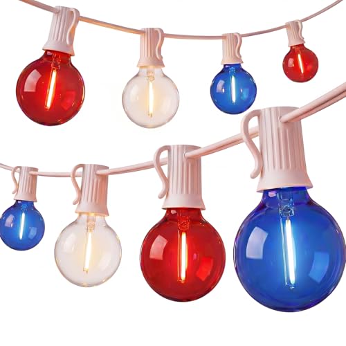 4th of July G40 LED Red White and Blue Lights, 25ft Outdoor String lights, Hanging Patio Lights with 27 Shatterproof Round Bulbs, Independence Day Decoration Warm White for Patriotic Party Garden - color: Red White Blue, size: 25Ft