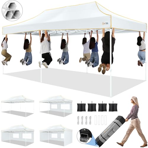 HOTEEL 10x20 Heavy Duty Pop Up Canopy Tent with 4 Sidewalls, Easy Setup Tent for Parties, Outdoor Commercial Instant Gazebo for Wedding Event, with Roller Bag & Sand Bags, White(Hexagonal Frame) - color: White, size: 10x20FT (Upgraded)