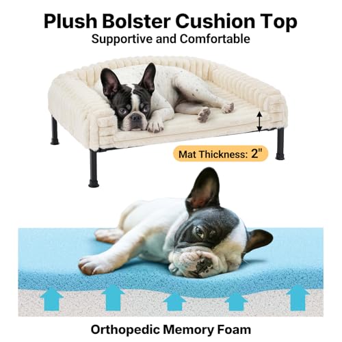 Veehoo Elevated Dog Bed with Bolster Cushion, Fluffy Plush Dog Couch Beds for Small Dogs, Cats, Washable Raised Pet Cot with Non-Slip Feet for Indoor or Patios Use, 36 x 28 Inches, White - color: White, size: 36.0"L x 28.0"W x 8.3"Th