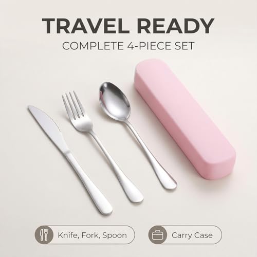 Portable Utensils Set,3-Piece Reusable Silverware,Travel Utensils with Case for Lunch Camping Picnic(Pink) - color: Pink