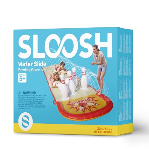 Sloosh 20FT Lawn Water Slide Bowling Game Set,Water Slides and 2 Bodyboards Summer Slip Waterslide Toy with Build in Sprinkler for Backyard Outdoor Fun for Kids