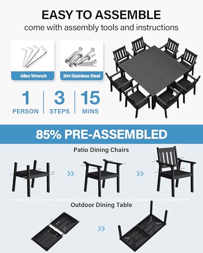 YEFU HIPS Patio Table Set: 10 Piece Outdoor Table and Chairs Dining Furniture Set with Umbrella Hole - Black Modern Plastic Dining Sets 8 Person for Outside Deck with Metal Aluminum Frame - color: Black, size: 10 Piece