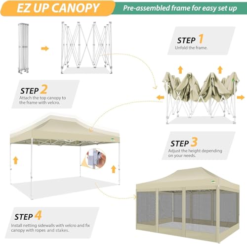 COBIZI 10x15 Heavy Duty Pop up Canopy with 4 Sidewalls, Canopy Tent with Mosquito Netting, Easy up Screen Party Tents for Parties Wedding Patio Backyard Commercial Gazebo with Handbag, Khaki - color: Khaki, size: 10x15ft(standard)