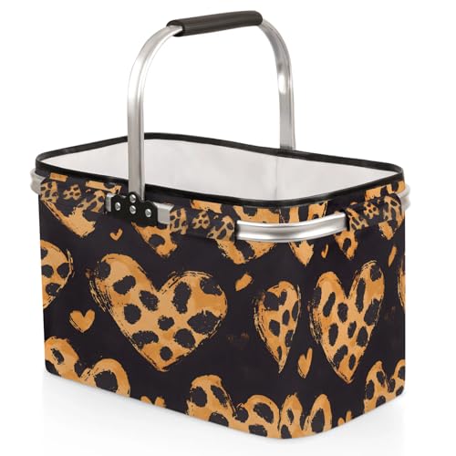Romantic Leopard Print Love Heart Picnic Basket Large Collapsible Market Baskets Portable Reuasble Shopping Bags with Handles for Camping Beach Travel - color: Clear