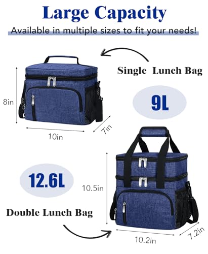 Insulated Lunch Bag for Men & Women, Double Leakproof Lunch Box Soft Cooler Tote with 5 Pockets, 600D Oxford, EVA Lining, Adjustable Strap for Work, Picnic, Beach&Travel-Navy Blue - color: Navy Blue, size: Double