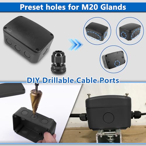 Weatherproof Junction Box,Nineleaf IP66 Waterproof Electrical Project Boxes PVC/ABS Plastic Enclosure Box CCTV Watertight 4.9 x 3.3 x 2.3 inch,Black,with 4PK 20mm Cable Gland - color: Black, size: Medium+4*M20