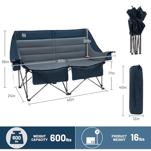 Timber Ridge Double Camping Chair, Heavy Duty Outdoor Folding Camp Couch, Loveseat Camping Chairs Perfect for Campsites, Patio/Lawn, Soccer Games or Other Youth Sports, Supports 600 lbs - color: Loveseat Blue