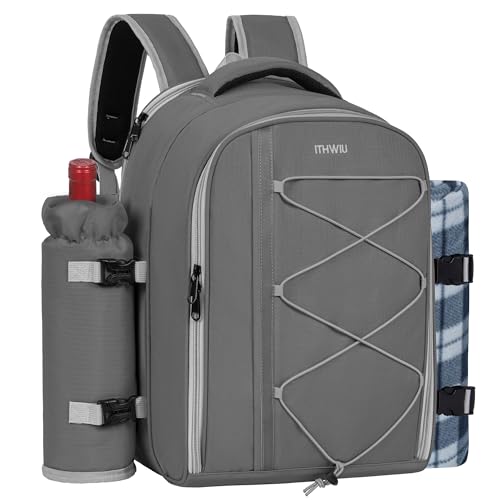 Picnic Backpack for 4 Persons with Insulated Leakproof Cooler Compartment, Cutlery Sets, Wine Holder, Fleece Blanket, Wedding Gifts for Couples, Perfect for Beach, Camping, Hiking, Grey - color: Gray