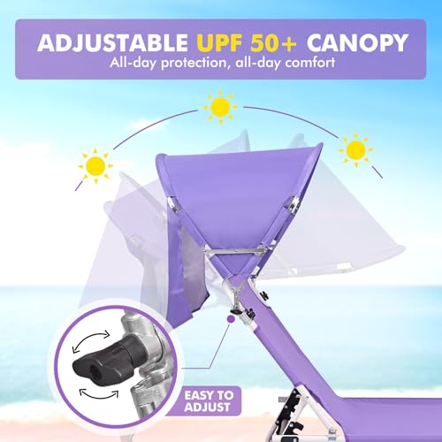 Tanning Chair with Sun Canopy Face Hole Softer Padded Adjustable Washable, Heavy Duty Layout Folding Lounge Chair for Adults Outside Beach Reading Sunbathing Poolside Lawn, UPF 50+ Sun Shade, 300 LBS - color: Purple, size: Standard Size