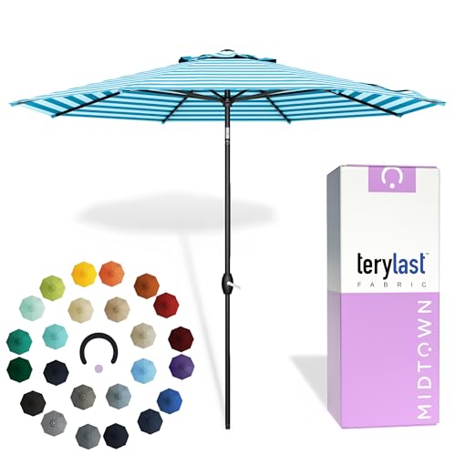 Midtown Umbrellas The Lean 9 Feet Outdoor Umbrella With Terylast Cobalt Stripes (Blue/White Stripes) Polyester Fabric - Auto-Tilt Aluminum Frame Patio Umbrella For Deck, Garden, Pool - Black Pole - color: Terylast Fabric - Cobalt Stripes, size: 9 Foot