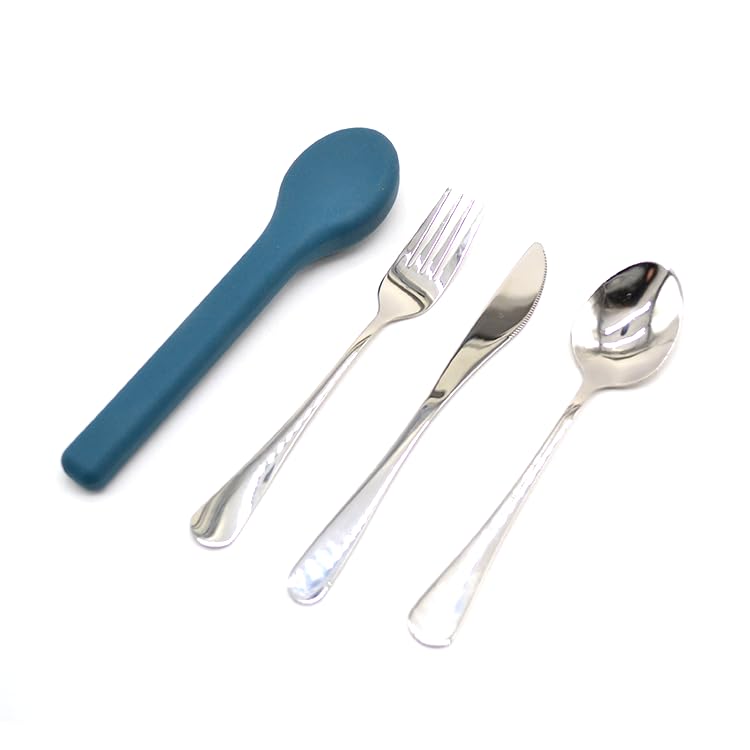 Portable Silverware Utensils Set with Silicon Case (Aqua Blue), 3 pcs Stainless Steel Cutlery Set (Fork Spoon Knife) For Camping School Picnic Office Travel - color: Aqua Blue