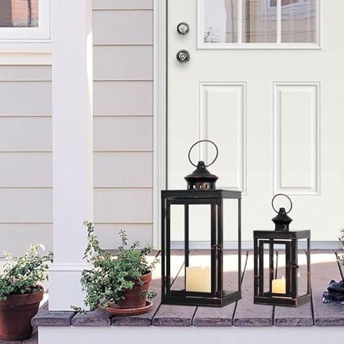 Large Lantern Decorative Outdoor & Indoor, Set of 2 (14’’&10’’) Metal Candle Lanterns Decor, Vintage Hanging Candle Holder for Front Porch Patio Wedding Farmhouse Home, Spring Decoration - color: Black / 14.6''h+9.8''h