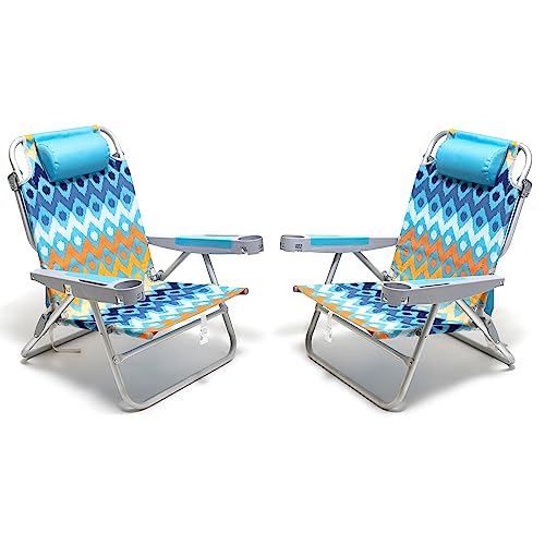 SUNNYFEEL Extra Wide Low Beach Chair 2 Pack 5 Position Lay Flat 500 LBS Heavy Duty, XL Oversized Folding Camping Chairs with Cup Holder for Outdoor/Sand, Portable Backpack Beach Chair for Adults - color: Blue Wave, size: 2-PACK