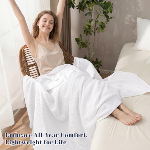 PHF 100% Cotton Muslin Blanket Twin XL Size 66"x90", 4-Layer Lightweight Gauze Throw, Breathable Cloud-Soft Minimalist Blanket for Bed, Couch, Camping, White, Ideal Gift - color: 01 - White, size: Twin XL(66"X90")