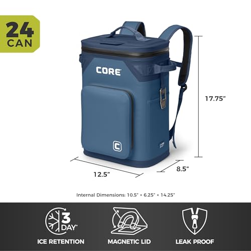 CORE Magnetic Leak Proof Soft Cooler with Waterproof Zipper | Insulated Bag Portable Ice Chest Box | Best Soft Cooler for Food & Beverages for Tailgating, Car Camping, Travel, and Family Beach Picnics - color: Navy, size: 24 Can