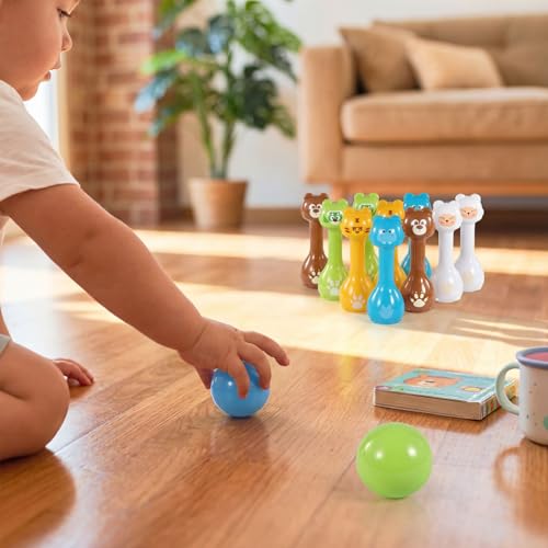 Mini Toddler Bowling Set Ages 1-5, Cute Animal Pins for First Birthday, Lightweight Indoor Montessori-Inspired Game with 10 Plastic Pins & 2 Balls, Boys Girls Toddler Gift