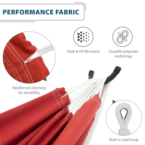 Vivere Double Sunbrella Hammock with Space-Saving Steel Stand, Heavy-Duty Portable Outdoor Hammock Set for Backyard, Patio, or Travel, Crimson - color: Crimson