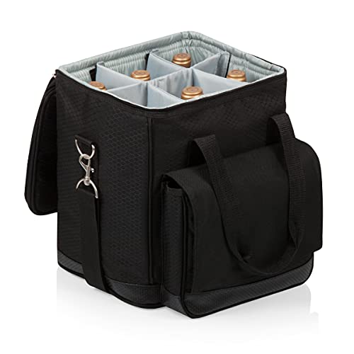 Picnic TIME Cellar 6-Bottle Wine Carrier & Cooler Tote, Insulated Padded Wine Cooler Bag for Travel, Portable Water-Resistant Wine Bag, (Black with Gray Accents) - style: Wine Carrier With Trolley