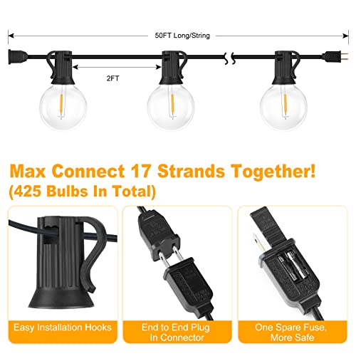 Bosceos 50FT Outdoor G40 LED Globe String Lights Dimmable Waterproof Shatterproof Light Strings with 25 Bulbs Connectable Commercial Hanging Lights for Christmas Patio House Backyard Balcony Party - color: Black, size: 50FT-Warm White