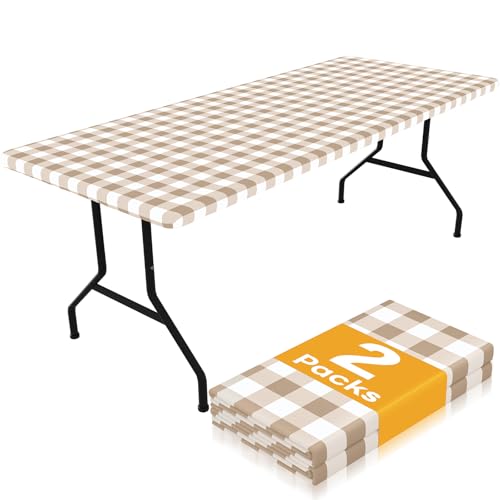 Smiry Picnic Table Cloth 2 Pack, Waterproof Elastic Fitted Tablecloths for 4FT Rectangle Tables, Washable Polyester Buffalo Plaid Tablecloth for Camping, Dining & Outdoor (Khaki & White, 30" x 48") - color: Khaki and White, size: 30" X 48"