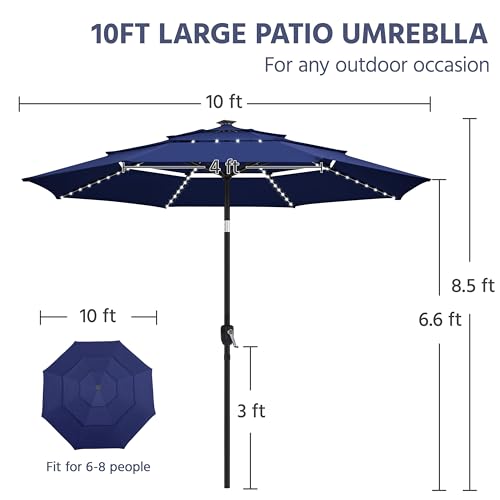 Yaheetech 10ft 3-Tier Solar Patio Umbrella, Outdoor Market Umbrella w/ 24 LED Lights, 8 Sturdy Ribs, Tilt Adjustment, Easy Crank for Garden, Deck, Navy Blue - color: Navy Blue