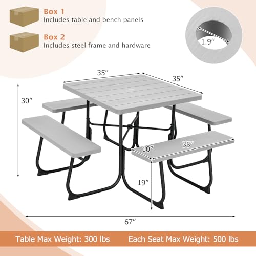 Giantex Picnic Table Bench Set for Up to 8 Persons, Square Outdoor Table and Bench with Umbrella Hole, HDPE Top & Metal Frame, 2000LBS Capacity, Patio Table Bench Set for Deck Backyard Garden, Gray - color: Grey, size: Square-35"x35"x30"