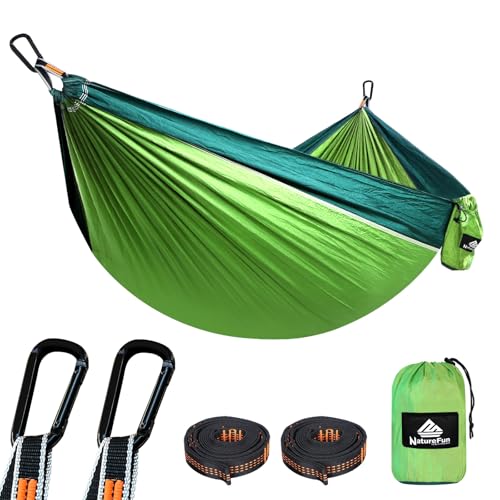 NATUREFUN Ultra-Light Travel Camping Hammock | 300kg Load Capacity,Breathable,Quick-Drying | 2 x Premium Carabiners,2 x Nylon Slings Included | Outdoor Indoor Garden - color: Light Green/Dark Green, size: 275x140cm