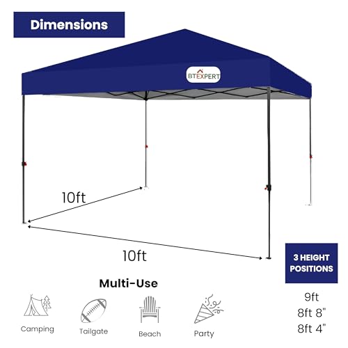 BTExpert 10x10 1-Person One Push Setup Instant Canopy Pop Up, 1 Touch Portable Folding Shelter Outdoor Gazebo Shade Tent w/Adjustable Height, Wind Vent Carrying Wheeled Bag Home Event Garden BBQ - color: Blue, size: 10x10ft