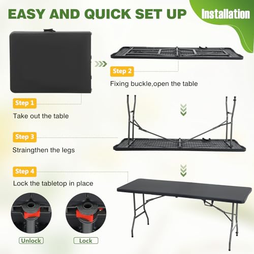 PayLessHere 6ft Folding Tables,Plastic Resin Table with Collapsible Alloy Steel Frame,Plastic Table for Indoor,Outdoor,Camping,BBQ,Picnic,Black - color: Black, size: 6 FT