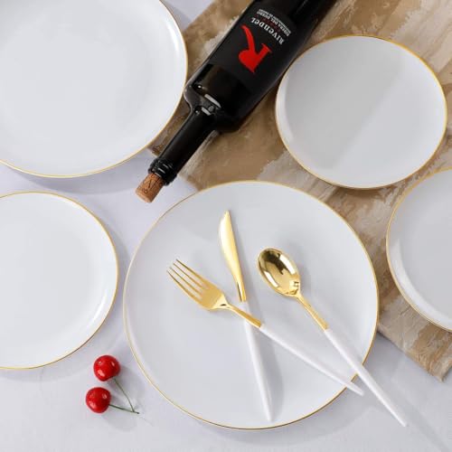 Supernal Elegant White and Gold Plastic Dinnerware Set – Premium Heavy-Duty Disposable Plates & Gold Plastic Silverware for Weddings, Outdoor Parties & Birthdays (Serves 30) - color: 150pcs White and Gold Plastic Dinnerware Set